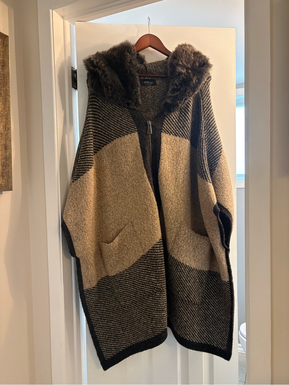 Zara Two-Tone Hooded Poncho in Brown & Black with Faux Fur Trim